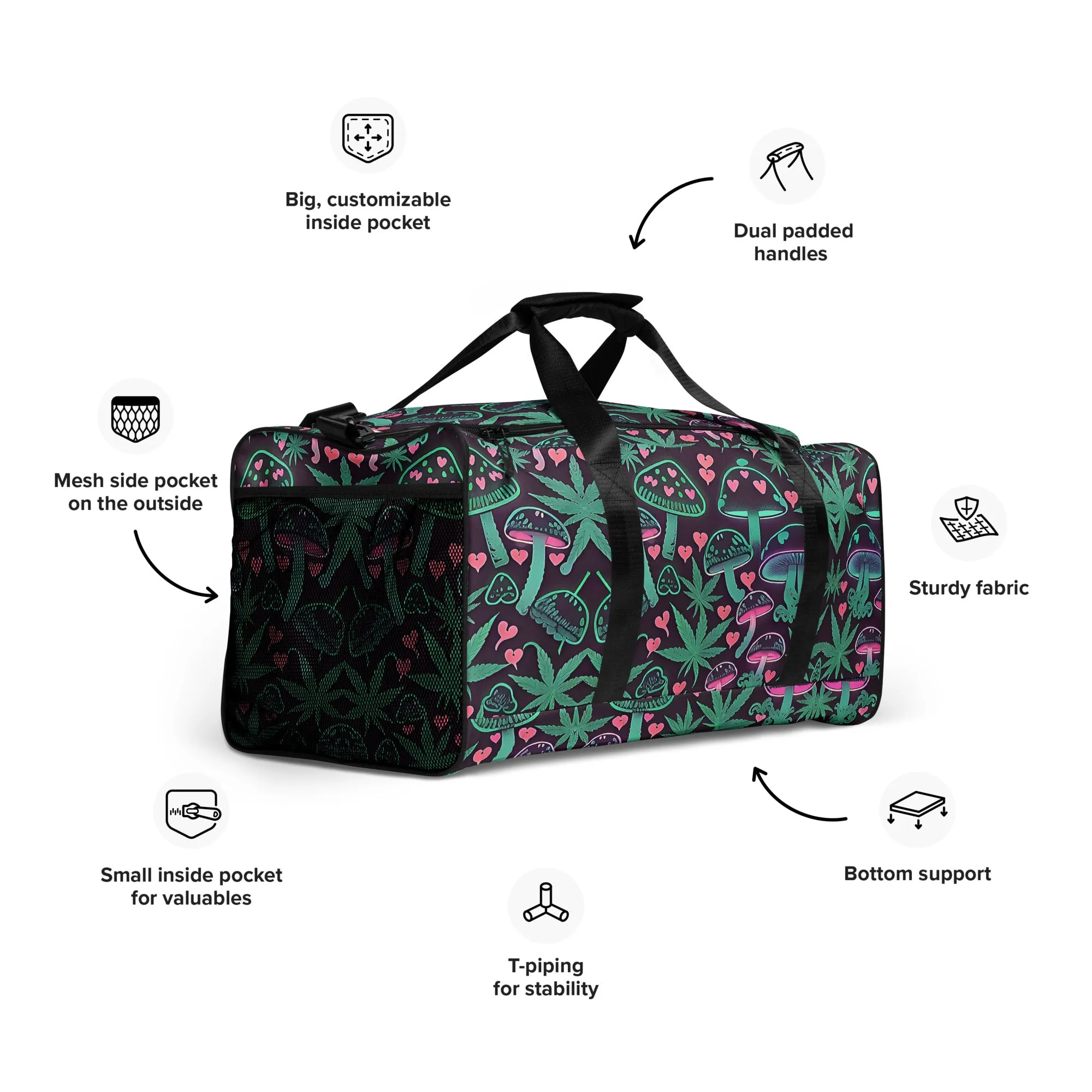 Neon Pink and Green Mushrooms Weed Leaf Duffle Bag
