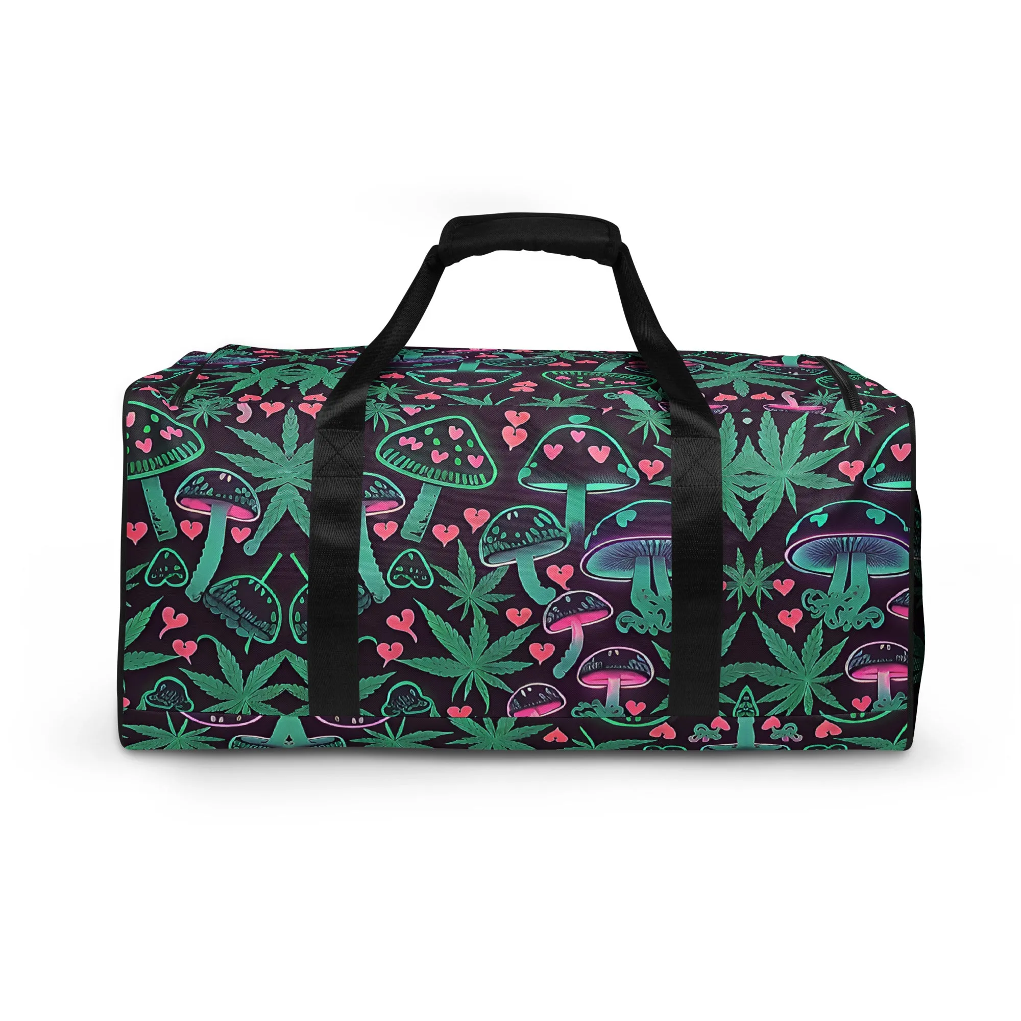 Neon Pink and Green Mushrooms Weed Leaf Duffle Bag