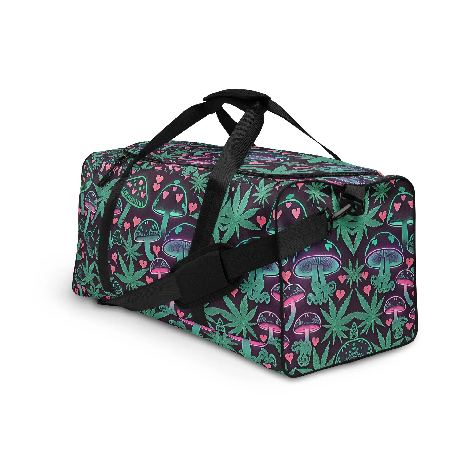 Neon Pink and Green Mushrooms Weed Leaf Duffle Bag