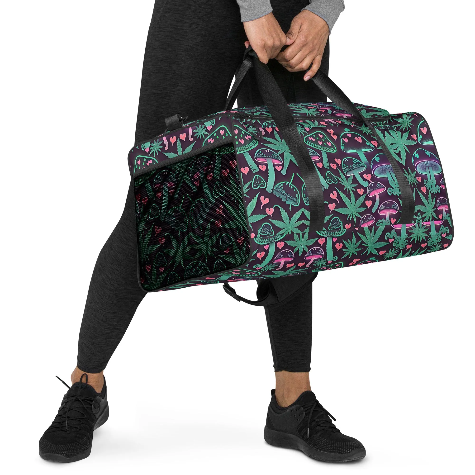 Neon Pink and Green Mushrooms Weed Leaf Duffle Bag