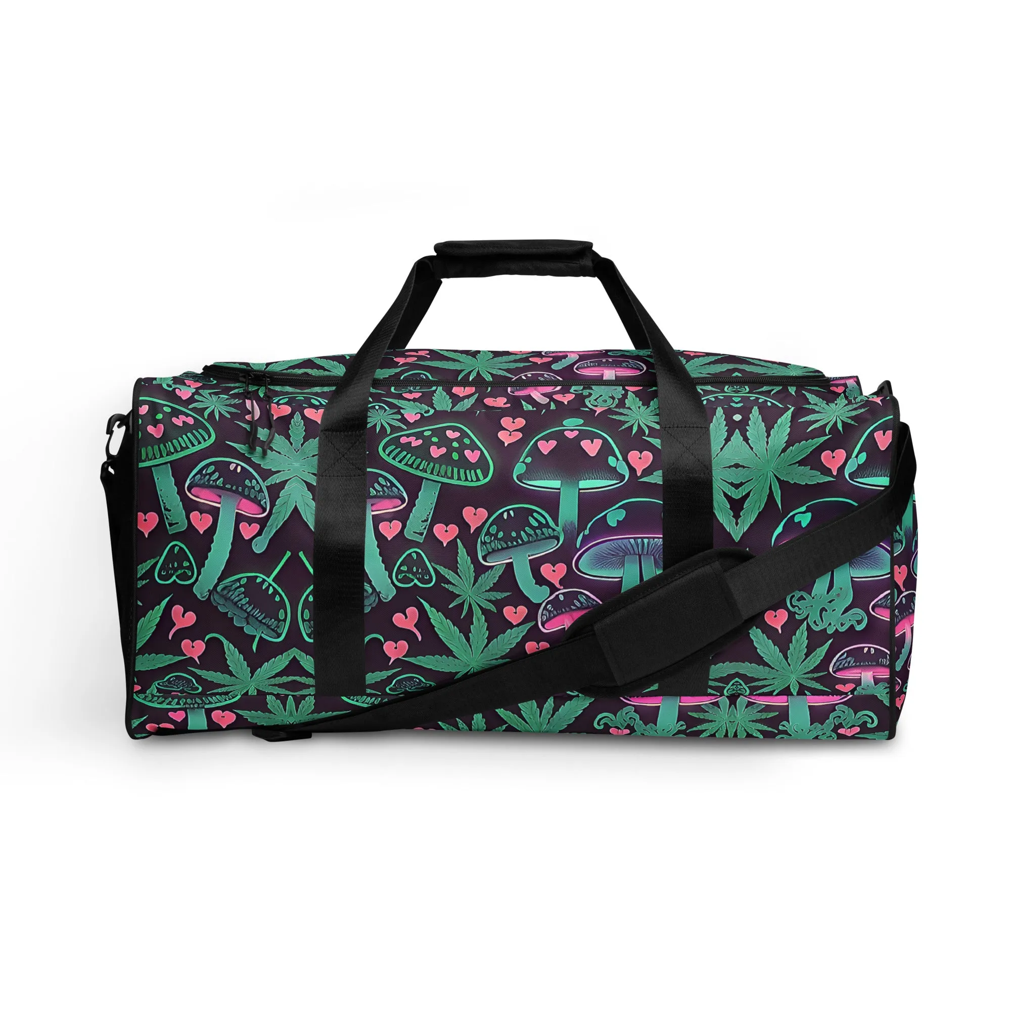 Neon Pink and Green Mushrooms Weed Leaf Duffle Bag