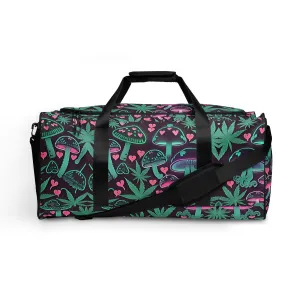 Neon Pink and Green Mushrooms Weed Leaf Duffle Bag
