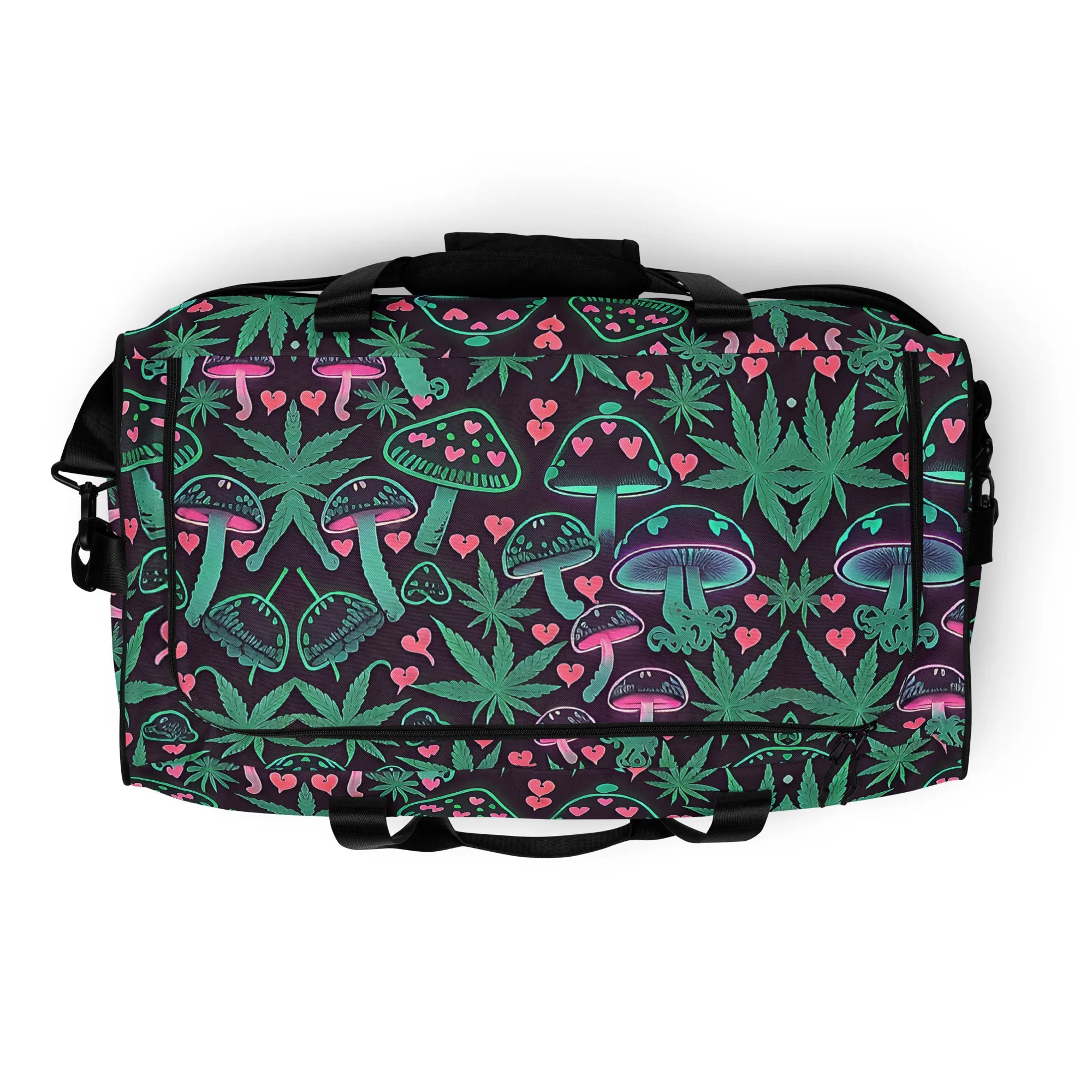 Neon Pink and Green Mushrooms Weed Leaf Duffle Bag