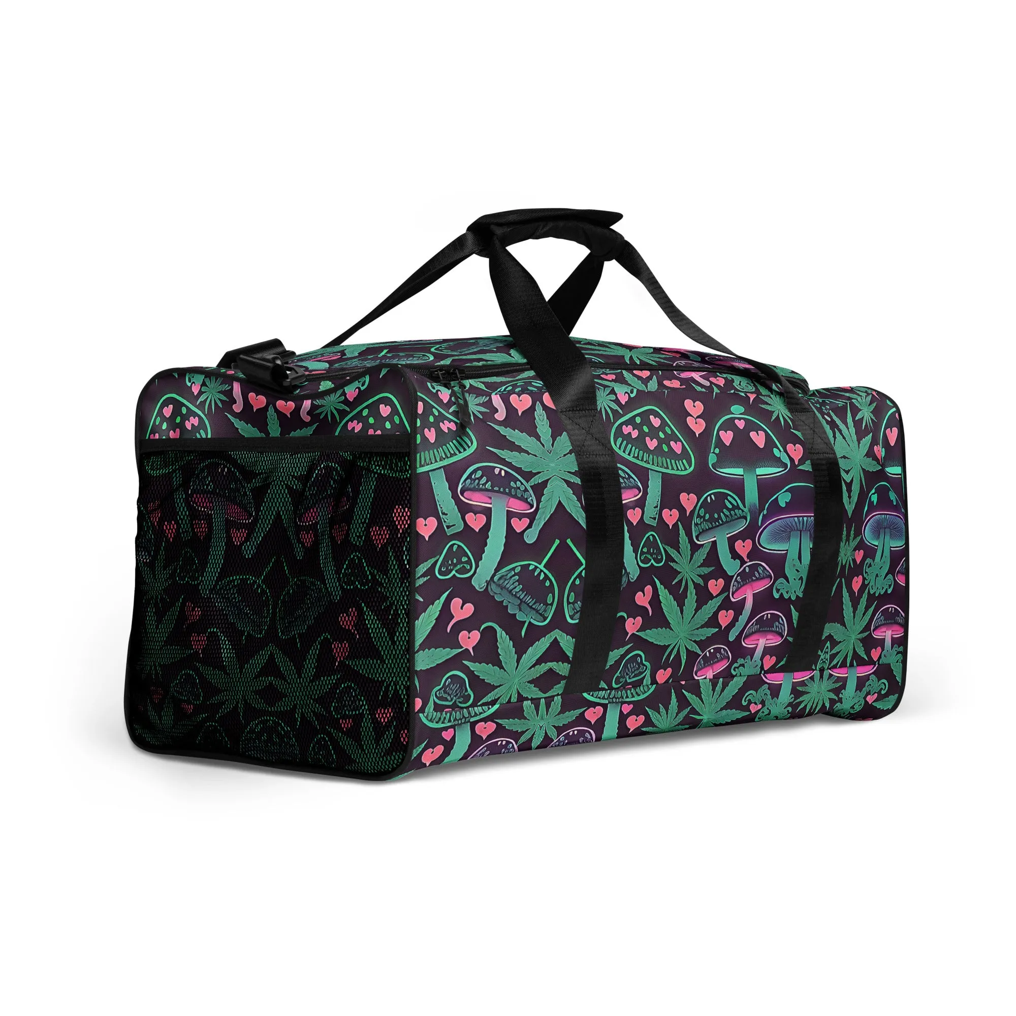 Neon Pink and Green Mushrooms Weed Leaf Duffle Bag