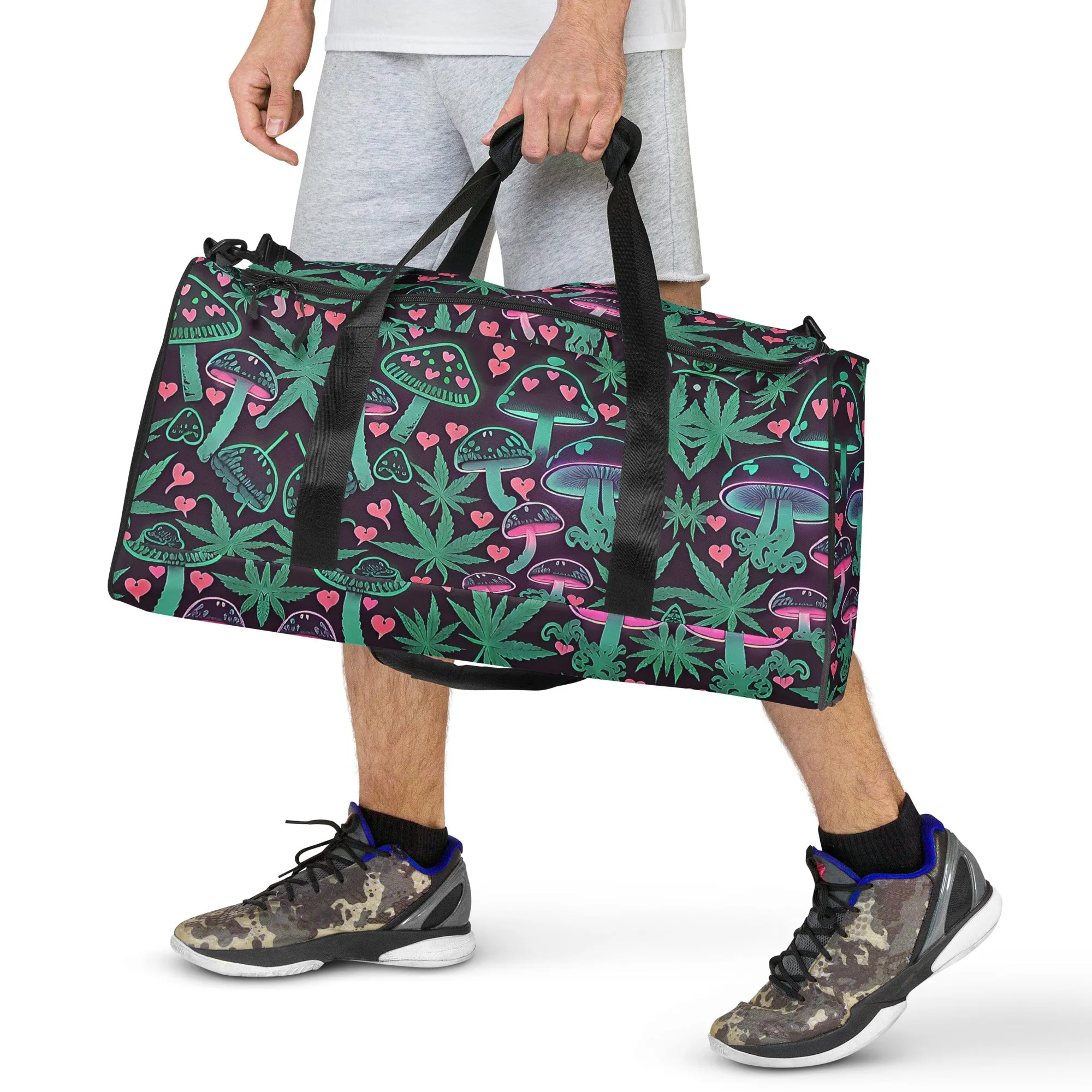 Neon Pink and Green Mushrooms Weed Leaf Duffle Bag
