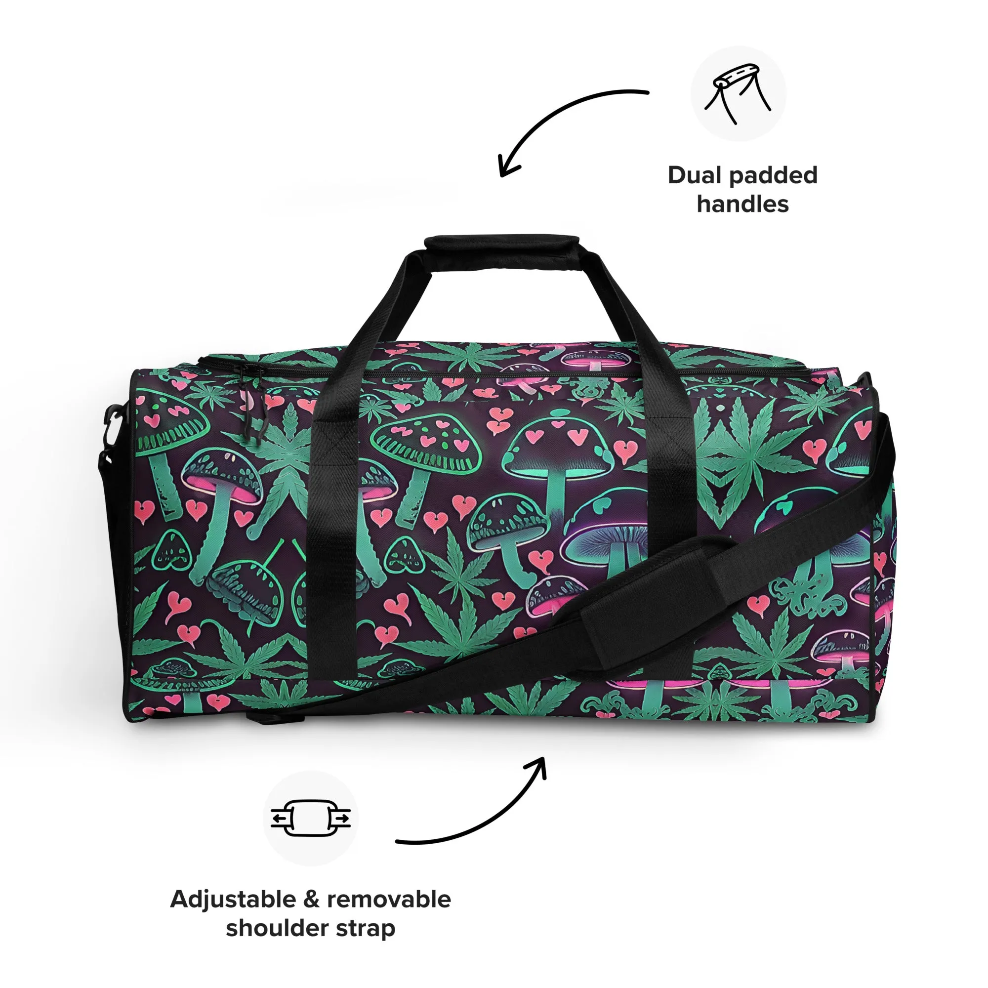 Neon Pink and Green Mushrooms Weed Leaf Duffle Bag