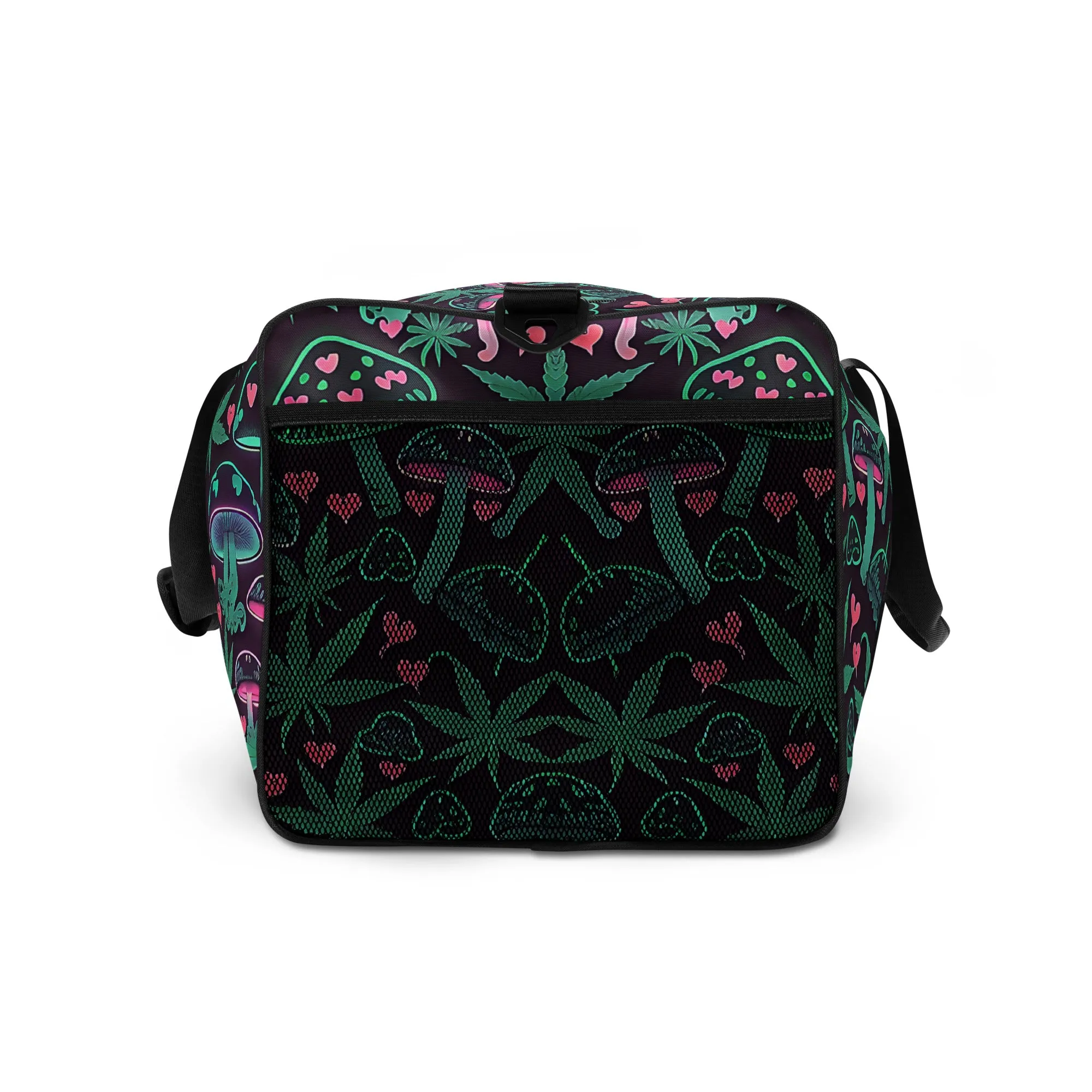 Neon Pink and Green Mushrooms Weed Leaf Duffle Bag