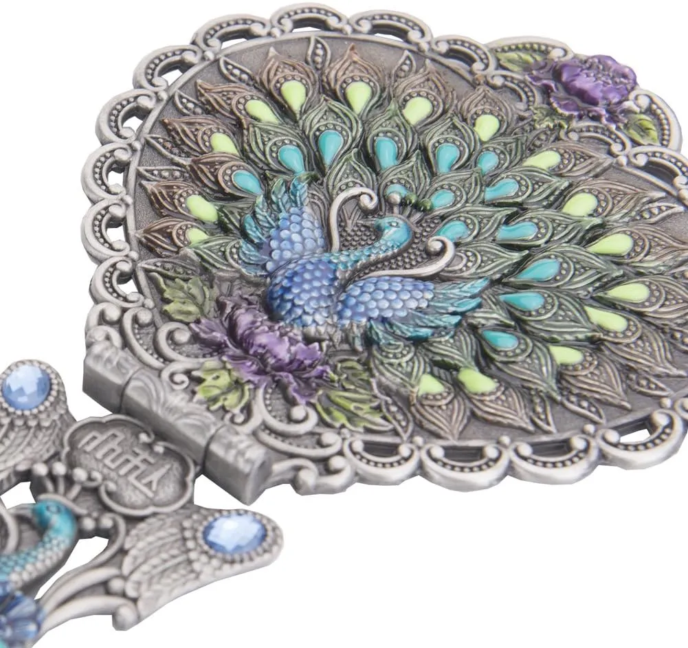 Nerien Vintage Peacock Metal Mirror Comb Set Antique Heart-shaped Handheld Vanity Mirror Comb Set Antique pewter