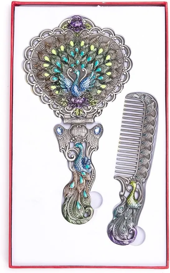Nerien Vintage Peacock Metal Mirror Comb Set Antique Heart-shaped Handheld Vanity Mirror Comb Set Antique pewter