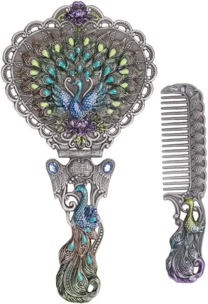 Nerien Vintage Peacock Metal Mirror Comb Set Antique Heart-shaped Handheld Vanity Mirror Comb Set Antique pewter