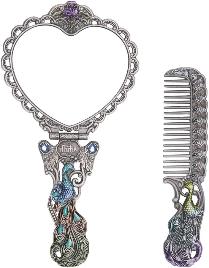 Nerien Vintage Peacock Metal Mirror Comb Set Antique Heart-shaped Handheld Vanity Mirror Comb Set Antique pewter