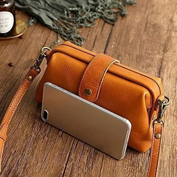 New Leather Retro Handmade Bag Unique Opening Small Cross Body Shoulder Bag Vintage Doctor Crossbody Bag for Women(Brown)