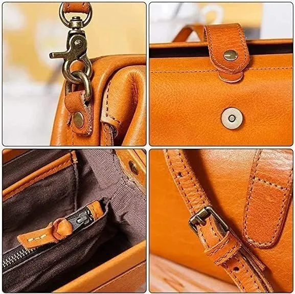 New Leather Retro Handmade Bag Unique Opening Small Cross Body Shoulder Bag Vintage Doctor Crossbody Bag for Women(Brown)