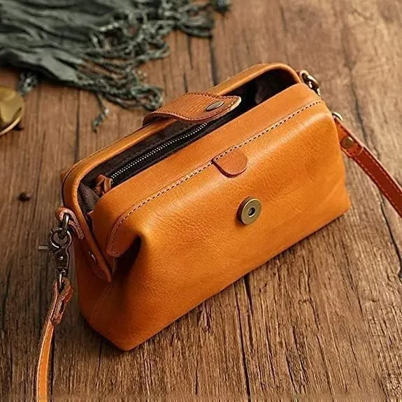 New Leather Retro Handmade Bag Unique Opening Small Cross Body Shoulder Bag Vintage Doctor Crossbody Bag for Women(Brown)