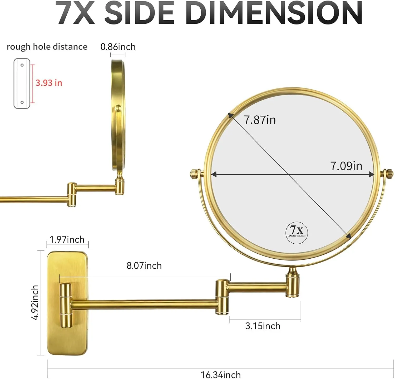 Nicesail Brass Make up Mirror Wall Mounted,1X and 7X Double-Sided Magnifying Mirror Brass Vanity Mirror for Bathroom Wall Extendable Swivel, Antique Brass Finish (8 Inch, 7X)