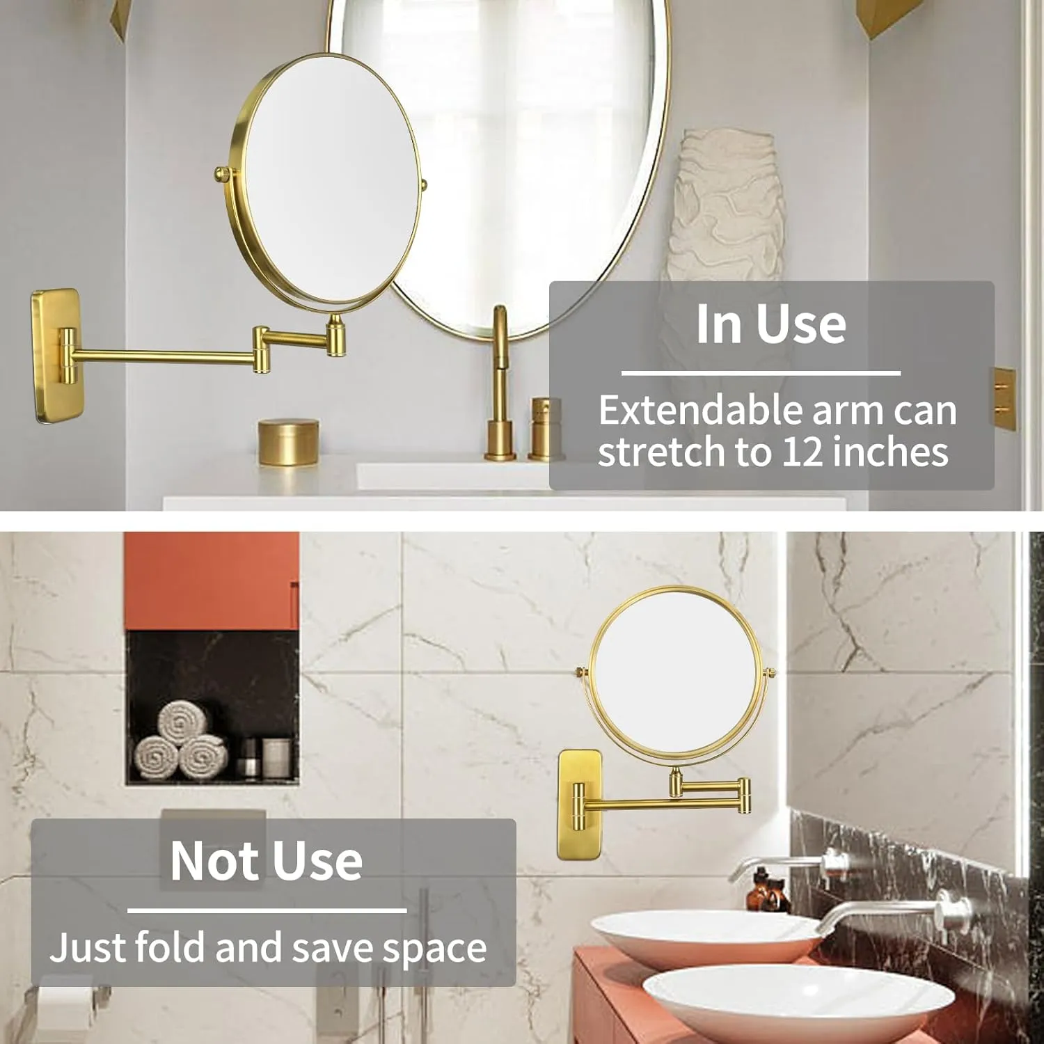Nicesail Brass Make up Mirror Wall Mounted,1X and 7X Double-Sided Magnifying Mirror Brass Vanity Mirror for Bathroom Wall Extendable Swivel, Antique Brass Finish (8 Inch, 7X)