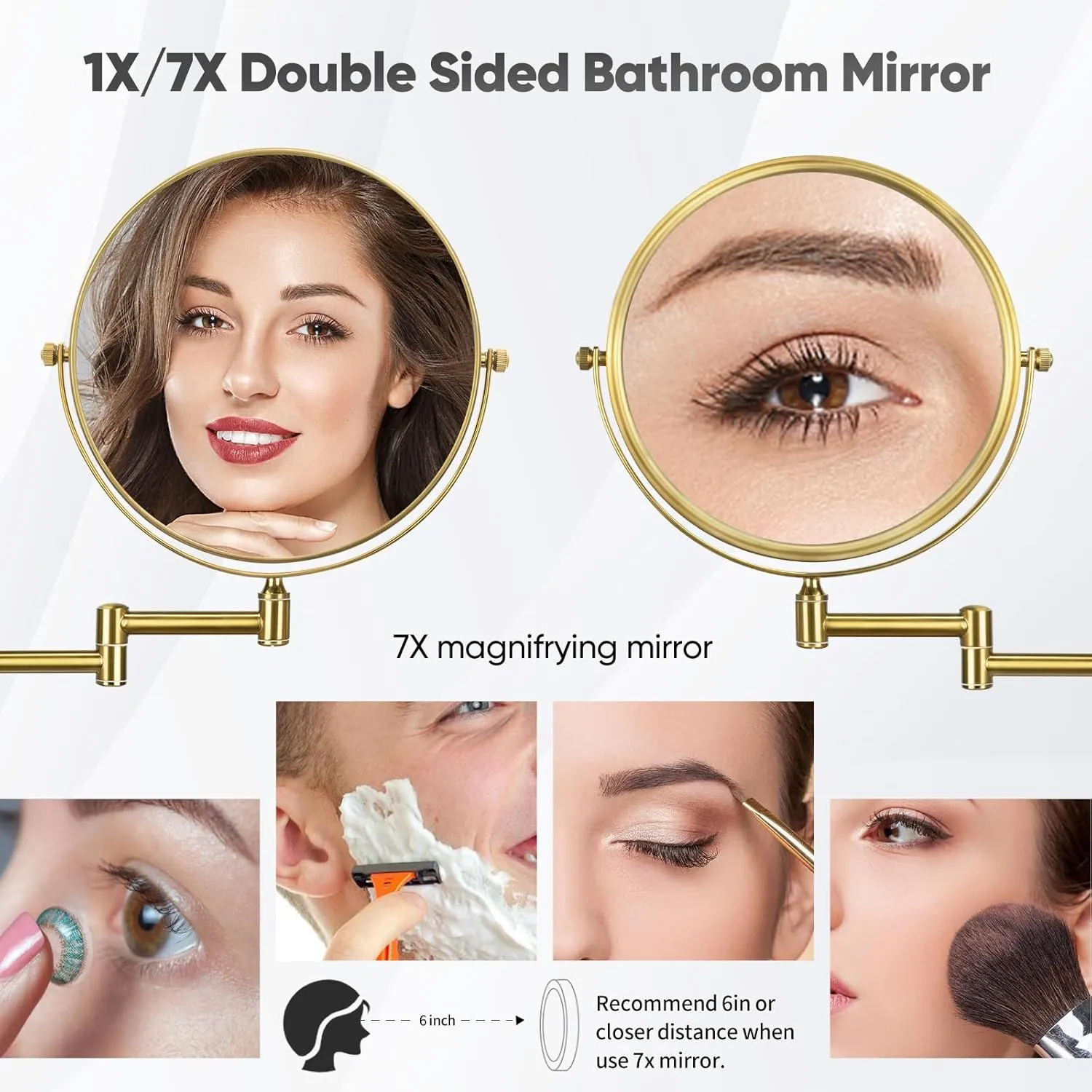 Nicesail Brass Make up Mirror Wall Mounted,1X and 7X Double-Sided Magnifying Mirror Brass Vanity Mirror for Bathroom Wall Extendable Swivel, Antique Brass Finish (8 Inch, 7X)