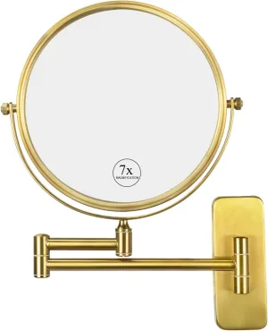 Nicesail Brass Make up Mirror Wall Mounted,1X and 7X Double-Sided Magnifying Mirror Brass Vanity Mirror for Bathroom Wall Extendable Swivel, Antique Brass Finish (8 Inch, 7X)