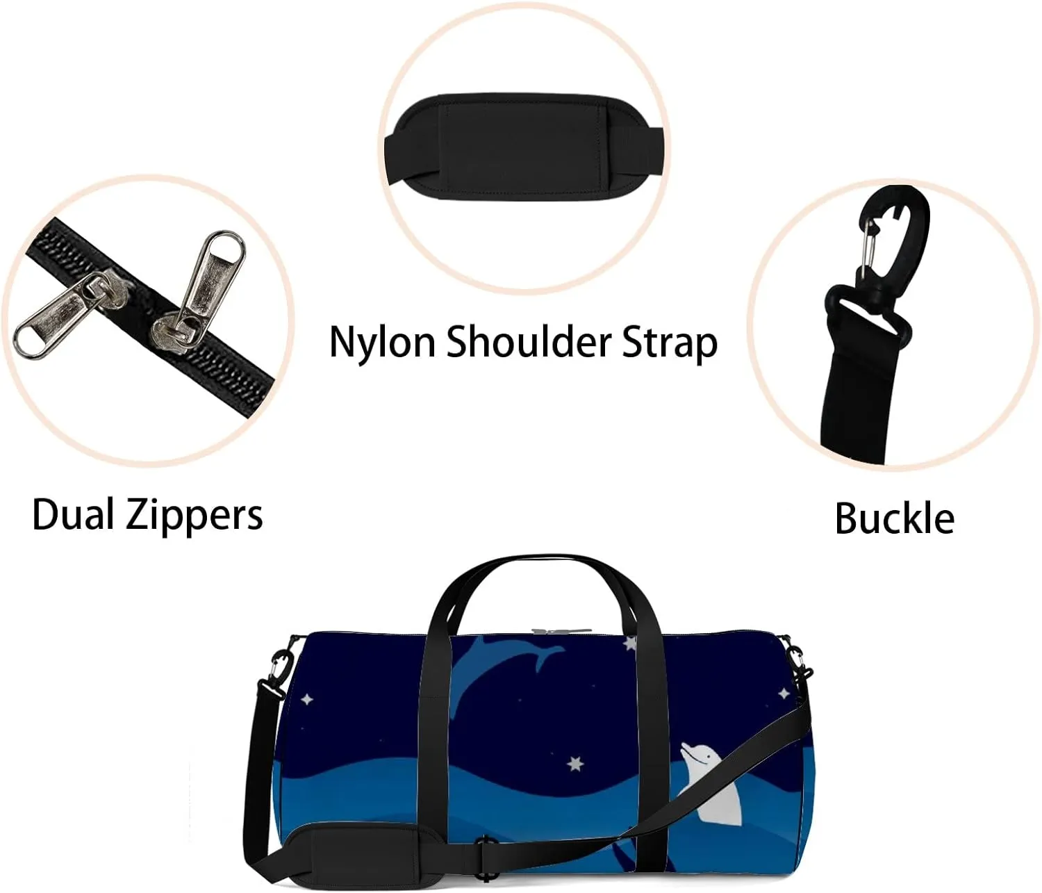 Night Sea Waves Starry Sky Dolphins Sports Bag Tote Bag Waterproof Gym Bag with Shoulder Strap Zipper 2 Side Pockets for Men and Women, Travel and Storage Shoulder Bag.