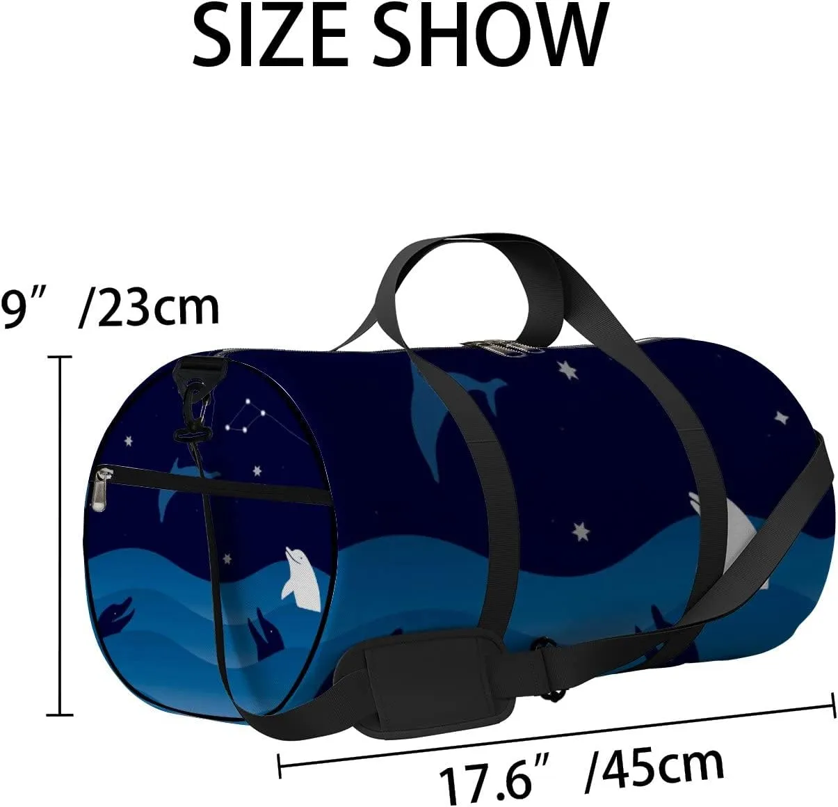 Night Sea Waves Starry Sky Dolphins Sports Bag Tote Bag Waterproof Gym Bag with Shoulder Strap Zipper 2 Side Pockets for Men and Women, Travel and Storage Shoulder Bag.