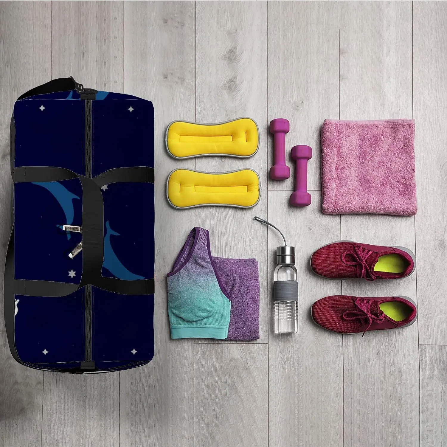 Night Sea Waves Starry Sky Dolphins Sports Bag Tote Bag Waterproof Gym Bag with Shoulder Strap Zipper 2 Side Pockets for Men and Women, Travel and Storage Shoulder Bag.