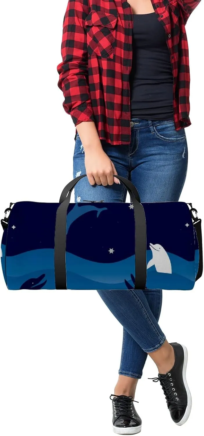 Night Sea Waves Starry Sky Dolphins Sports Bag Tote Bag Waterproof Gym Bag with Shoulder Strap Zipper 2 Side Pockets for Men and Women, Travel and Storage Shoulder Bag.