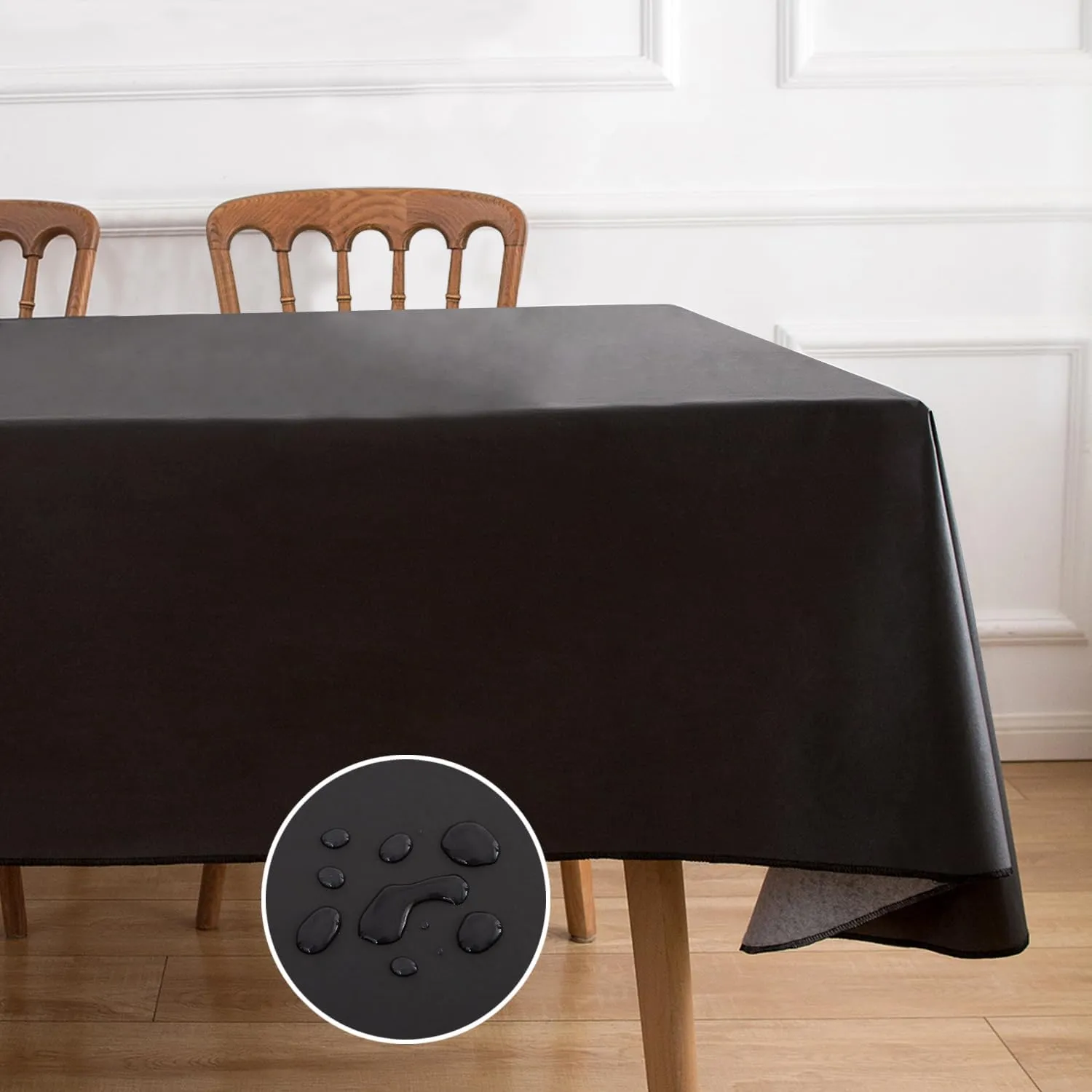 NLMUVW Vinyl Tablecloth with Flannel Backing 100% Waterproof Rectangle PVC Table Cloth Oil Proof Wipe Clean Table Cover for Dining Party Camping Outdoor, Black, 60 X 140 Inch
