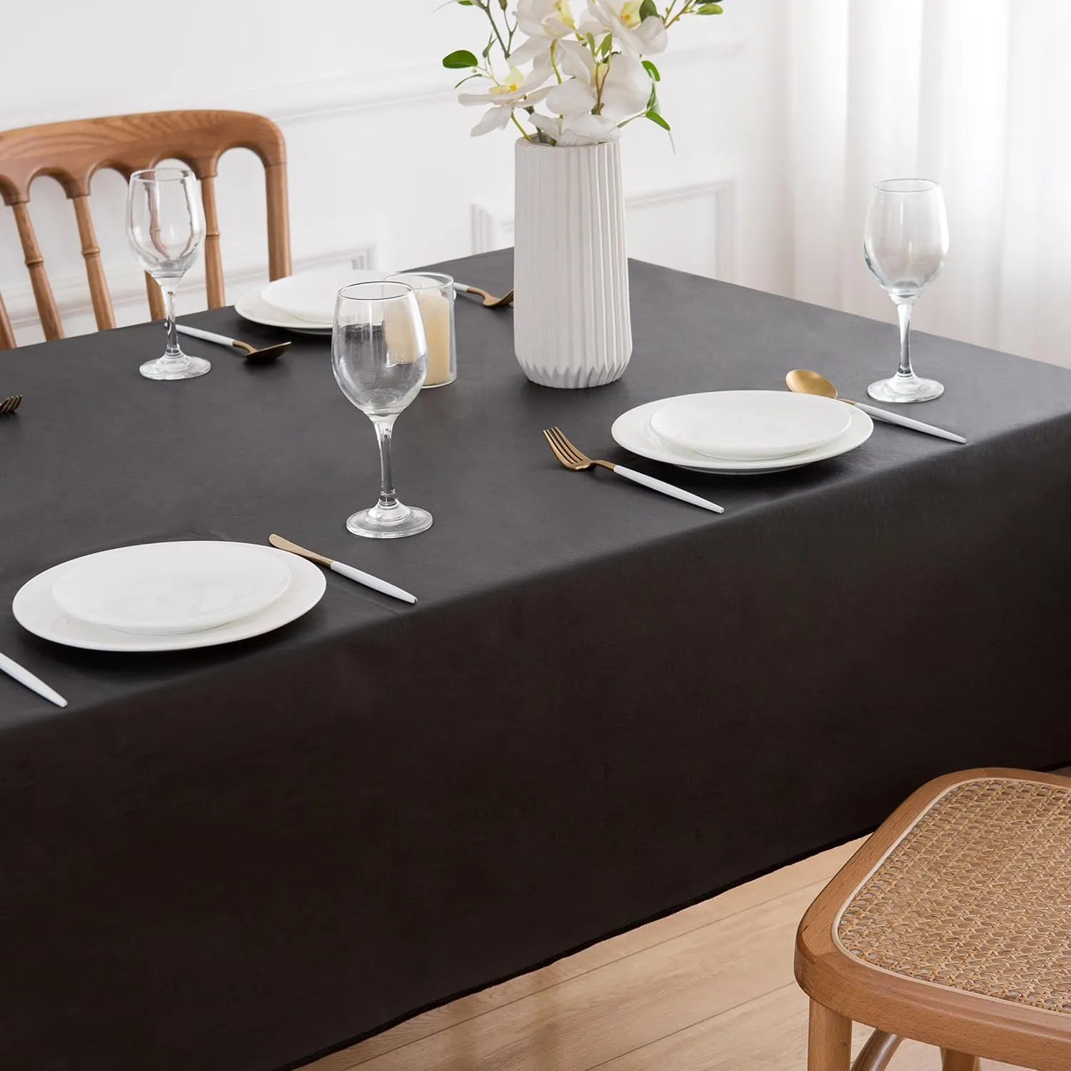 NLMUVW Vinyl Tablecloth with Flannel Backing 100% Waterproof Rectangle PVC Table Cloth Oil Proof Wipe Clean Table Cover for Dining Party Camping Outdoor, Black, 60 X 140 Inch