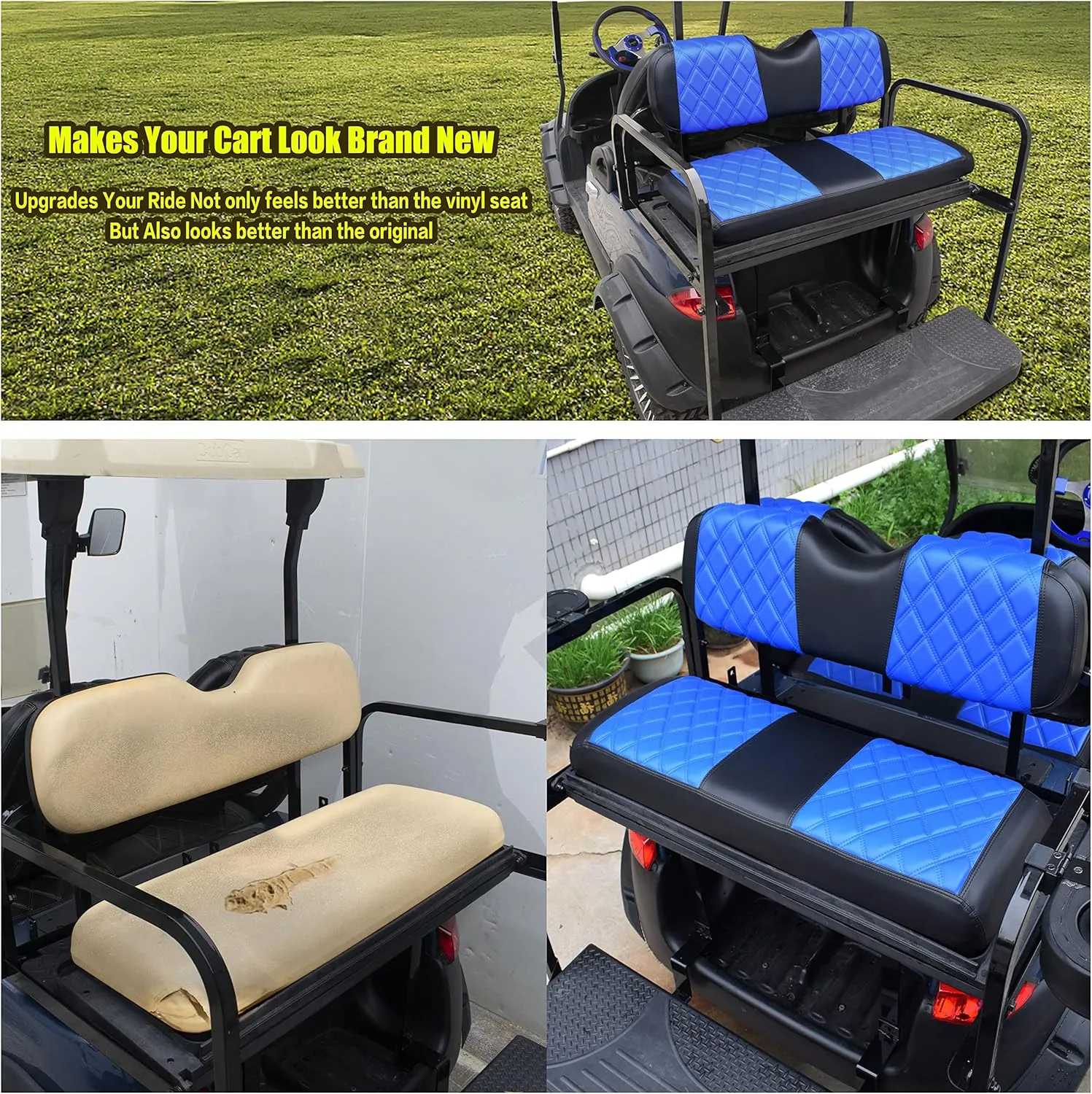 NOKINS Golf Cart Diamond Vinyl Leather Seat Covers, Fit Club Car Precedent DS EZGO RXV TXT Yamaha Drive Aftermarket Regular Rear Seat Cushion, No Stapler, Multiple Colors and Breathable