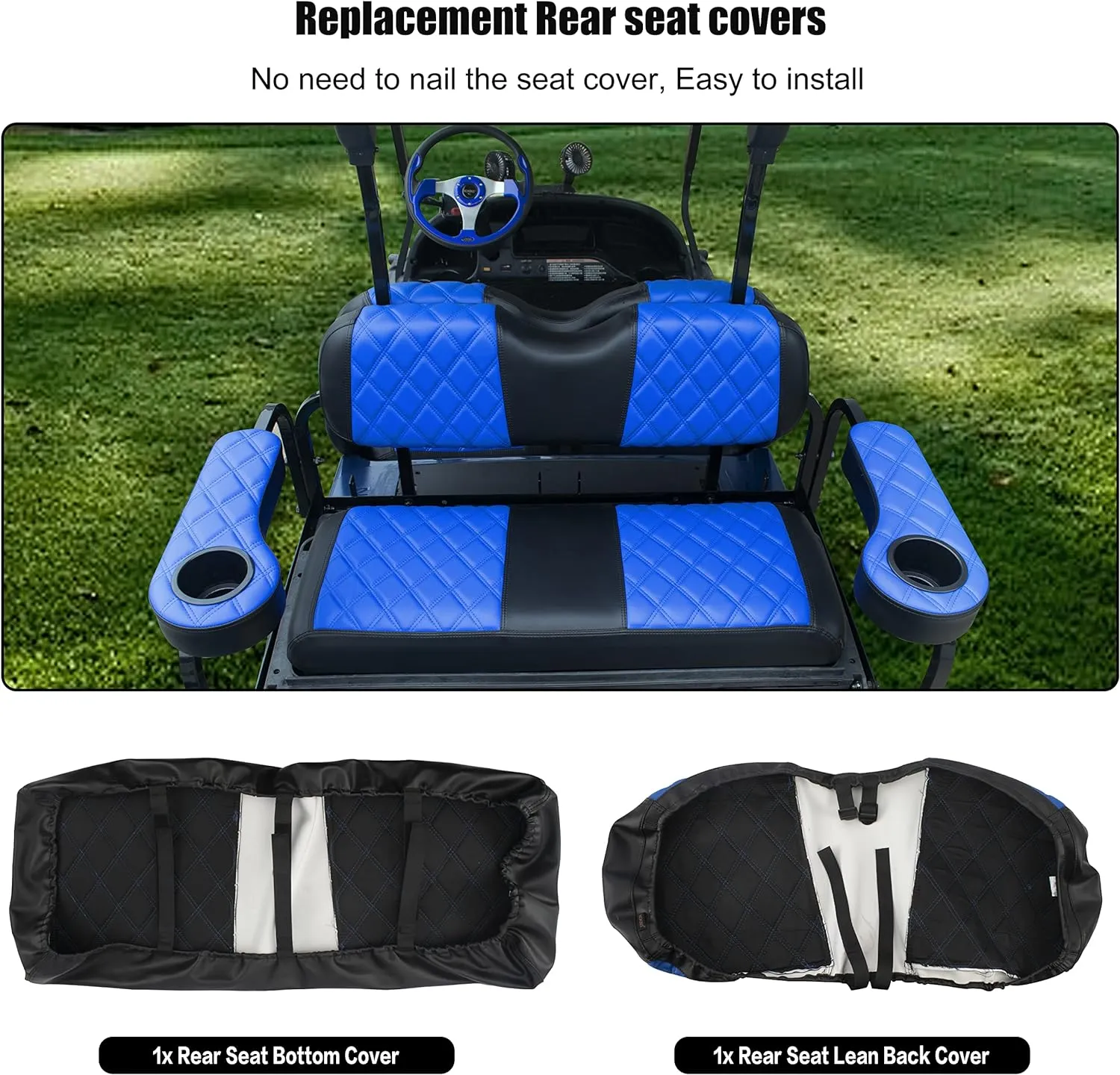 NOKINS Golf Cart Diamond Vinyl Leather Seat Covers, Fit Club Car Precedent DS EZGO RXV TXT Yamaha Drive Aftermarket Regular Rear Seat Cushion, No Stapler, Multiple Colors and Breathable