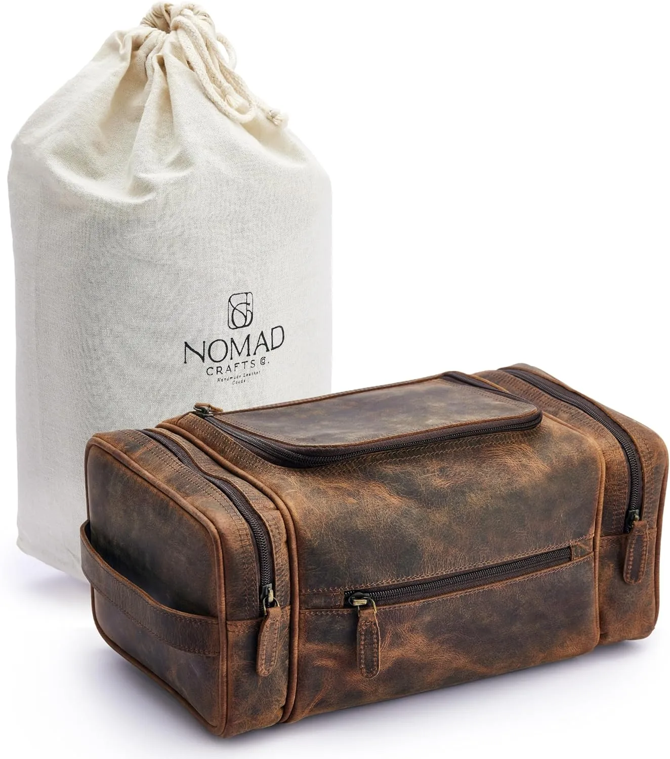 NomadCraftsCo. Medium Sized Hanging Leather Toiletry Bag for Men Women - Premium Leather Men's Toiletry Travel Bag, Dopp Kit for Travel, Leather Pouch, Mens Toiletry Bag for Travel