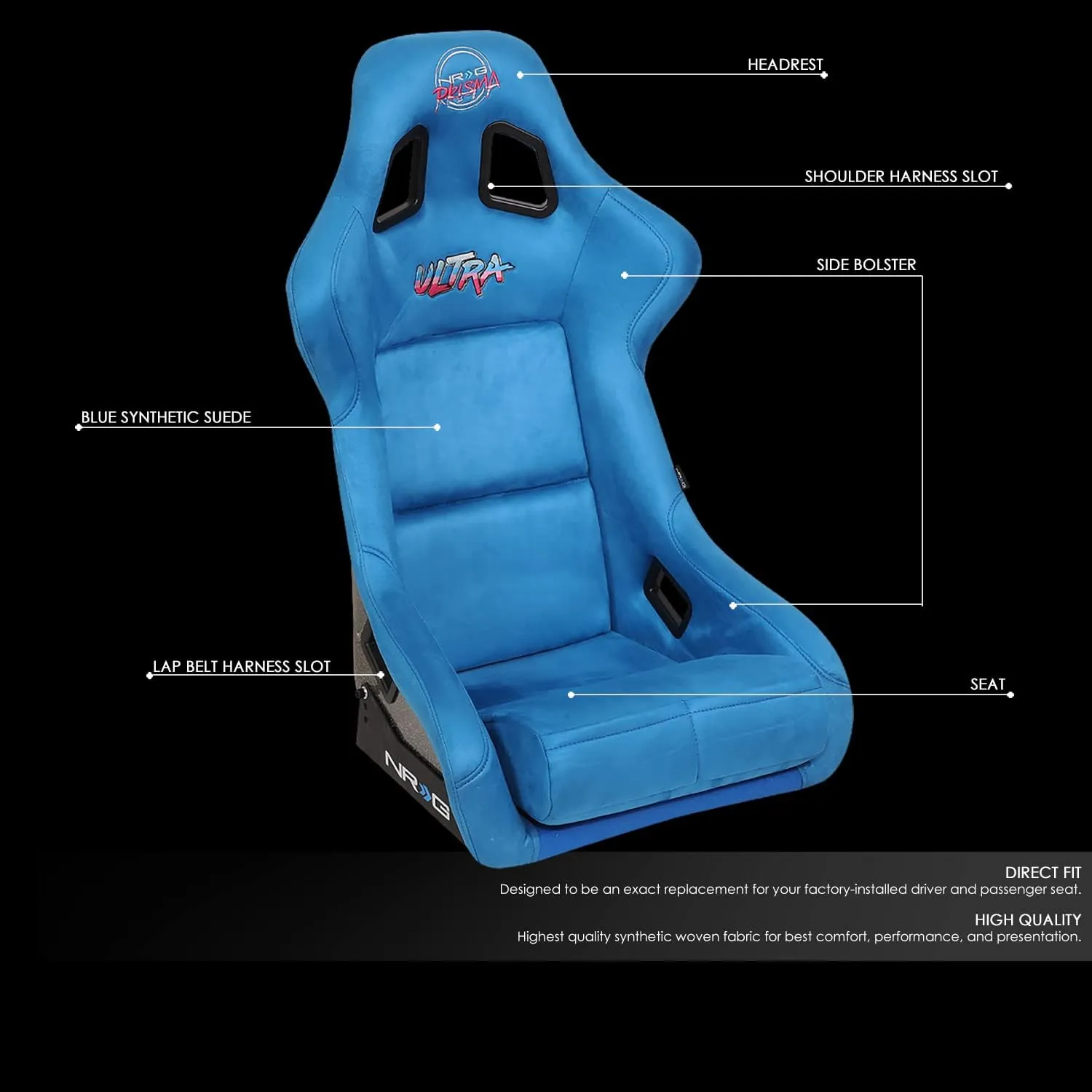 NRG Innovations NRG-FRP-302BL-ULTRA Universal Fixed Back Bucket Racing Seat for 6-Point Harnesses, Size L, Blue Seat Cover, 24" W X 36" H X 18" D