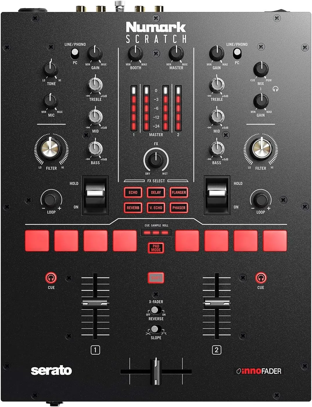 Numark Scratch | Two-Channel DJ Scratch Mixer for Serato DJ Pro (included) With Innofader Crossfader, DVS license, 6 Direct Access Effect Selectors, Performance Pads and 24-Bit Sound Quality