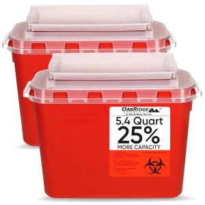 Oakridge Products Transparent Sharps Container for Home Use and Professional 5.4 Quart (2-Pack), Touchless Biohazard Needle and Syringe Disposal, Rotating Lid, CDC Certified