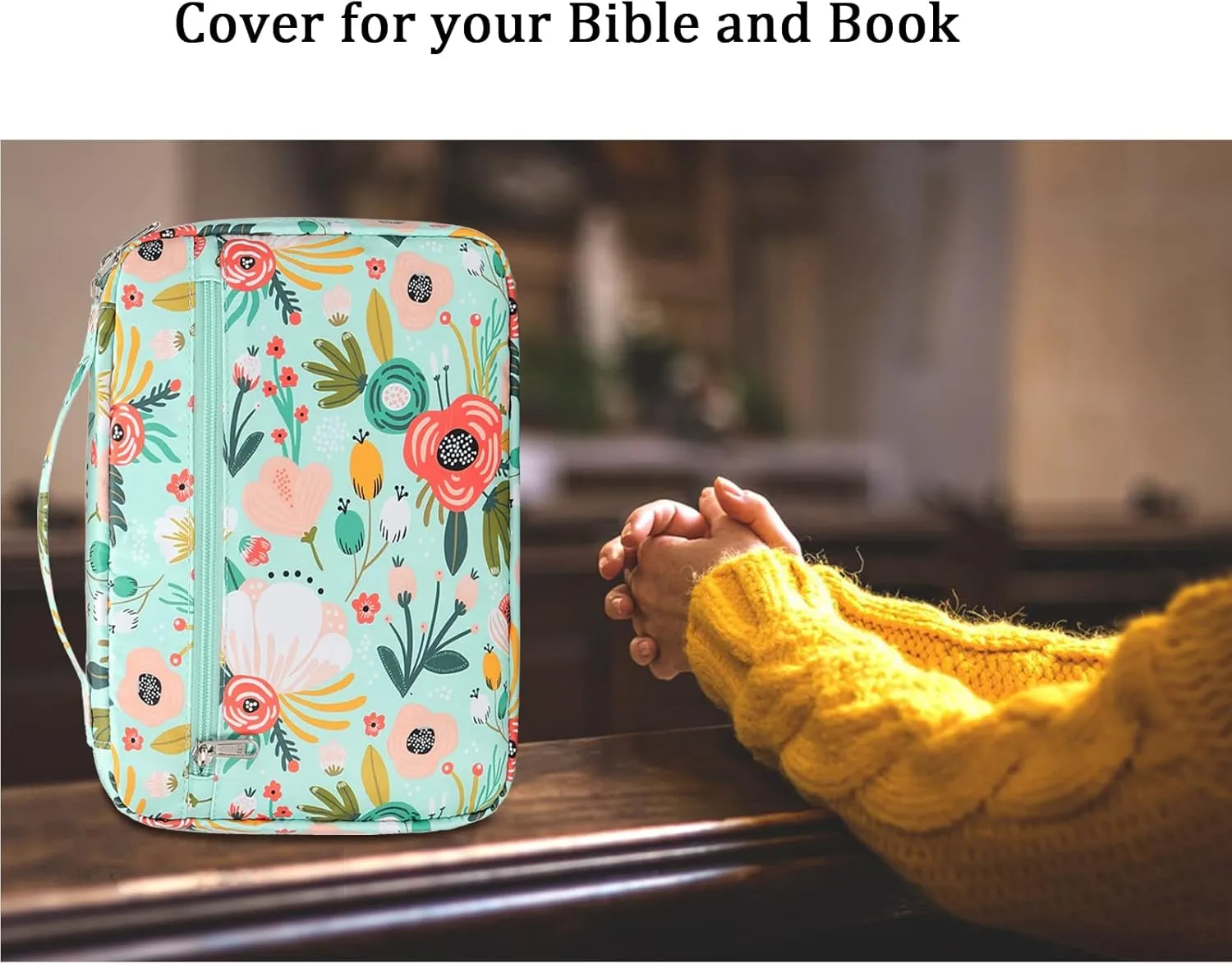 Octsky Bible Covers Bible Case for Women Bible Book Carrying Bag Scripture Case Church Bag Bible Protective with Handle Pockets Zippered Pocket (Green-Floral)