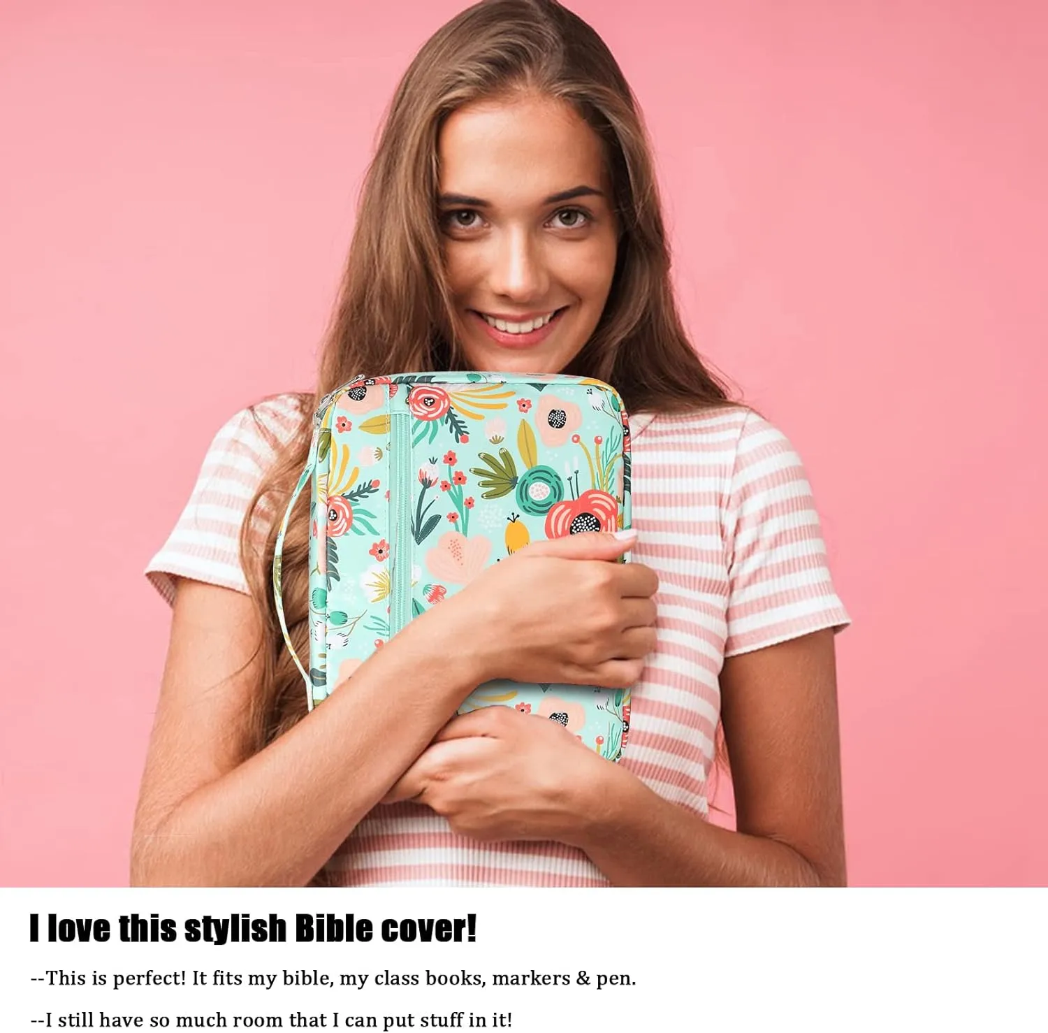 Octsky Bible Covers Bible Case for Women Bible Book Carrying Bag Scripture Case Church Bag Bible Protective with Handle Pockets Zippered Pocket (Green-Floral)