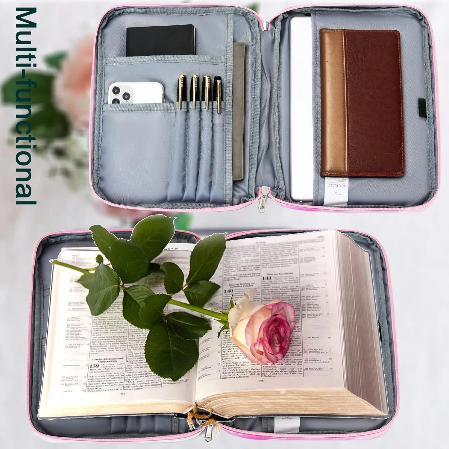 Octsky Bible Covers Bible Case for Women Bible Book Carrying Bag Scripture Case Church Bag Bible Protective with Handle Pockets Zippered Pocket (Green-Floral)