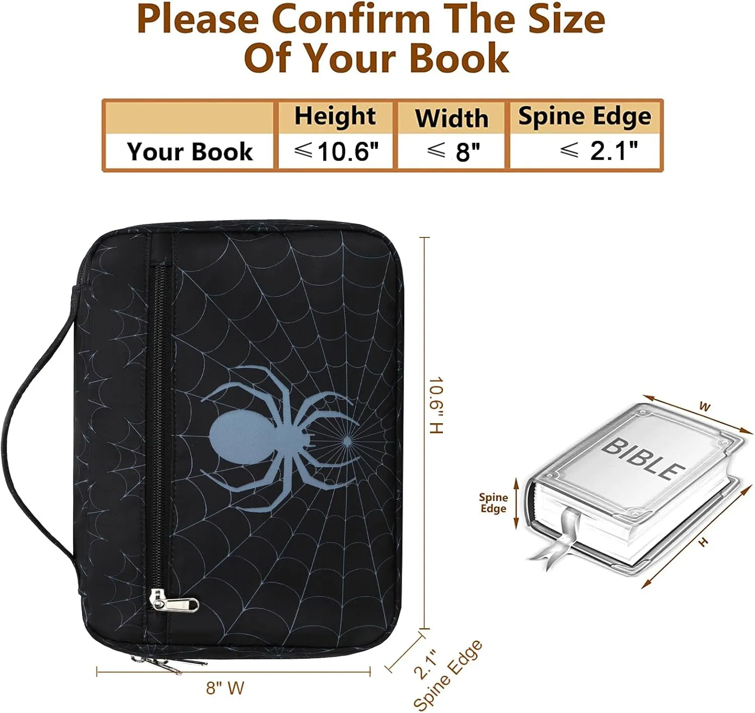 Octsky Boys Bible Cover, Carrying Book Case Church Bag Bible Protective with Handle and Zippered Pocket, Spider Black
