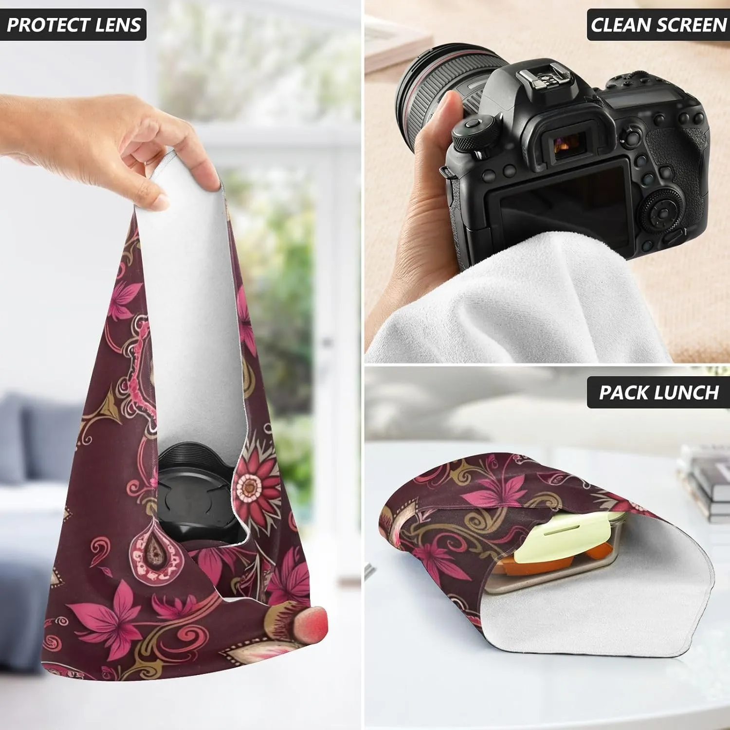 ODAWA Anti-scratch Camera Lens Wrap Floral Mandala Burgundy Red Self-adhesive Cloth 21.7"x21.7" Portable Cosmetic Bag for Travelling