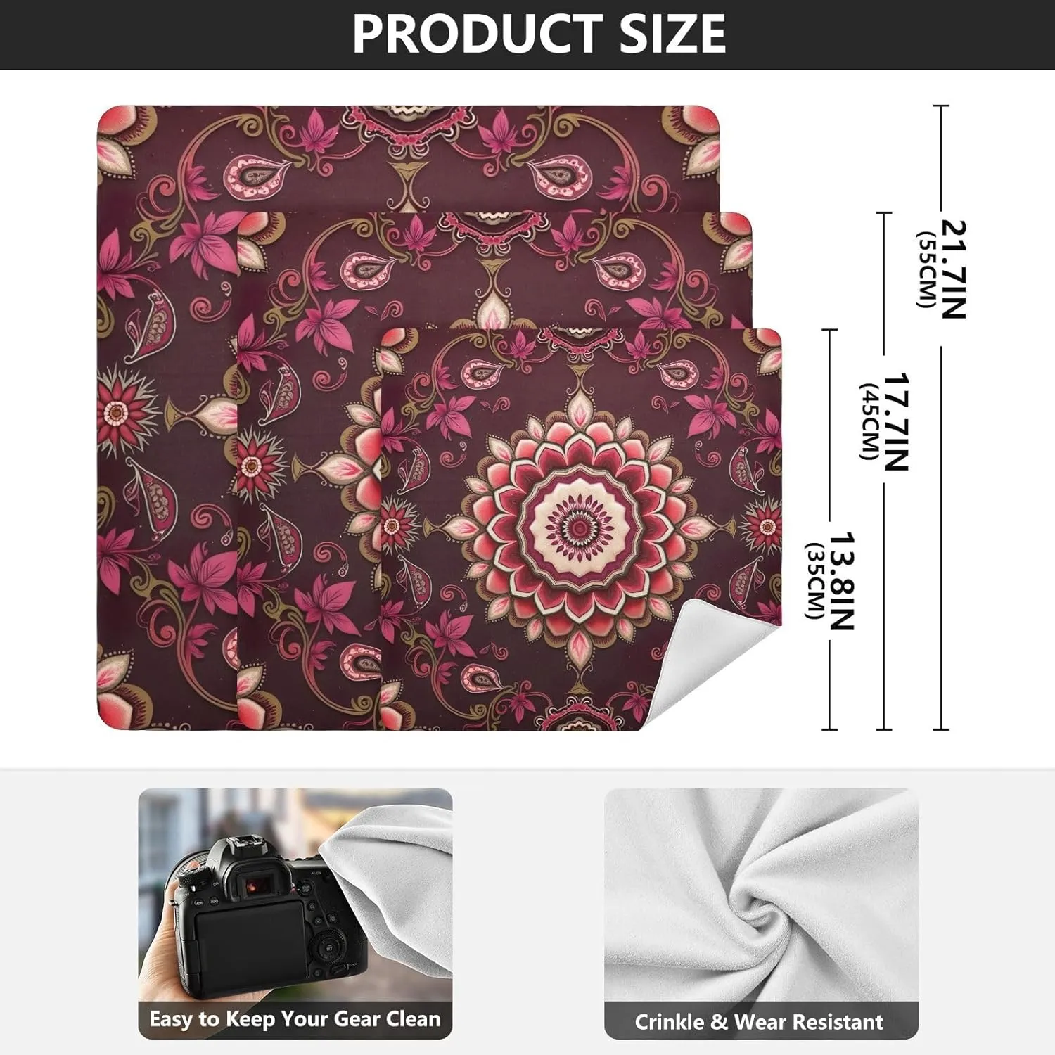 ODAWA Anti-scratch Camera Lens Wrap Floral Mandala Burgundy Red Self-adhesive Cloth 21.7"x21.7" Portable Cosmetic Bag for Travelling
