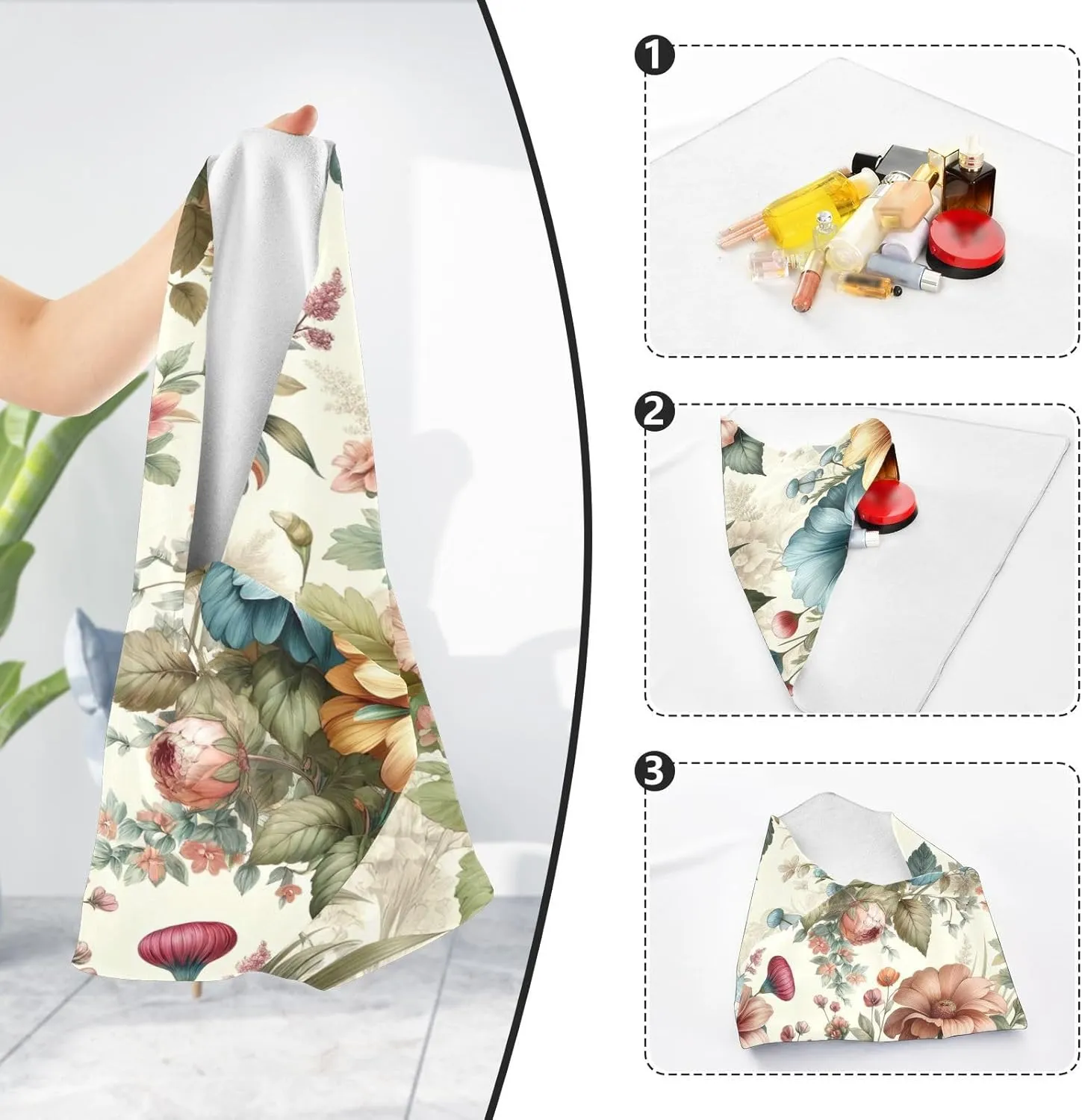 ODAWA Floral Beige Self Adhesive Cloth 17.7X17.7 Inch Travel Makeup Bag Organizer Portable Cosmetic Bag for Travelling
