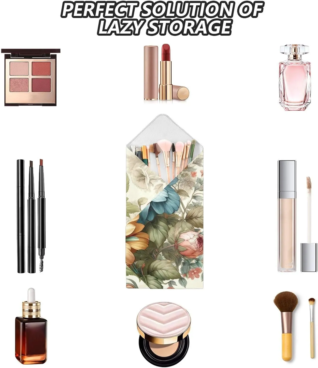 ODAWA Floral Beige Self Adhesive Cloth 17.7X17.7 Inch Travel Makeup Bag Organizer Portable Cosmetic Bag for Travelling