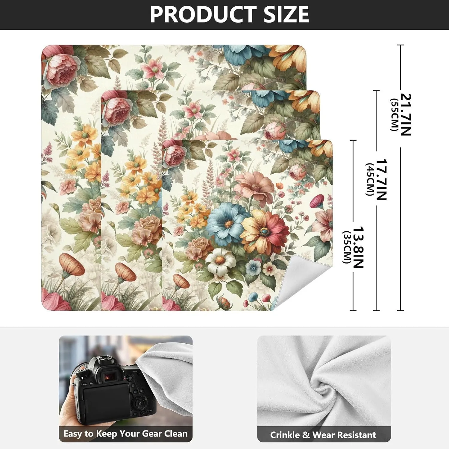 ODAWA Floral Beige Self Adhesive Cloth 17.7X17.7 Inch Travel Makeup Bag Organizer Portable Cosmetic Bag for Travelling