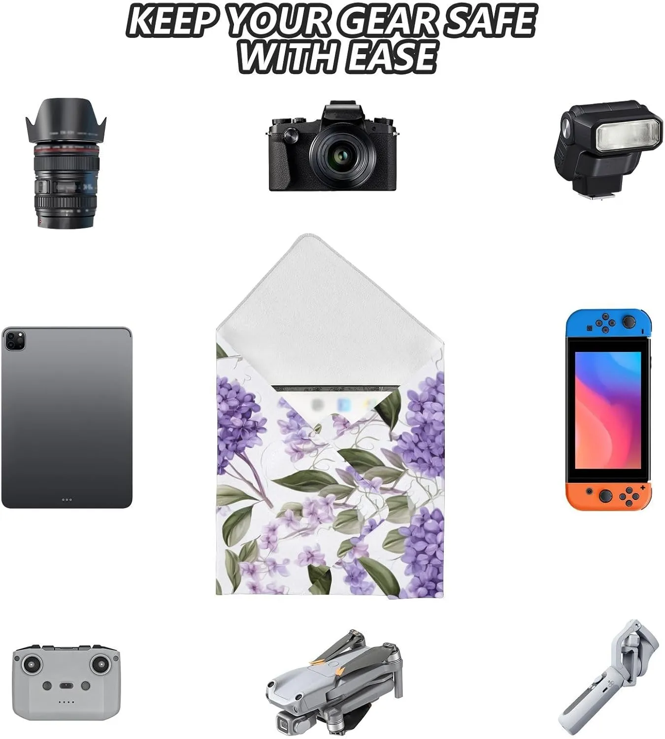 ODAWA Self-adhesive Magic Cloth 17.7 In, Floral Lilacs Purple Changeable Capacity Cosmetic Bag for Camera Lens