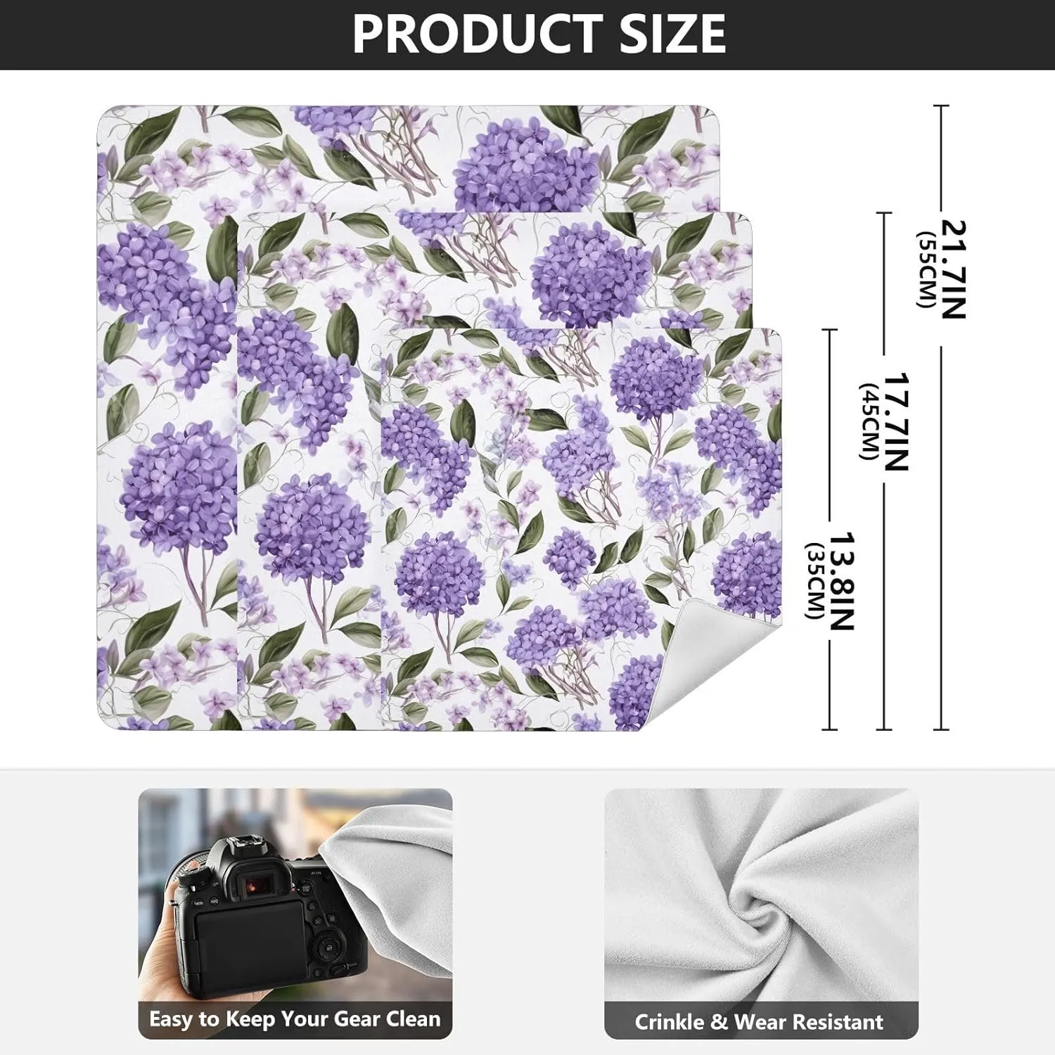 ODAWA Self-adhesive Magic Cloth 17.7 In, Floral Lilacs Purple Changeable Capacity Cosmetic Bag for Camera Lens