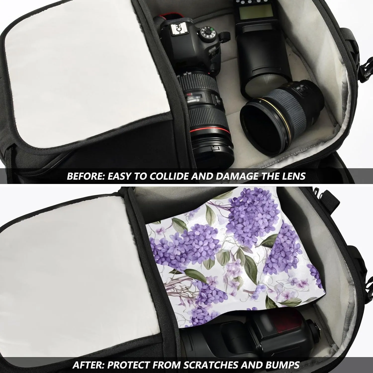 ODAWA Self-adhesive Magic Cloth 17.7 In, Floral Lilacs Purple Changeable Capacity Cosmetic Bag for Camera Lens