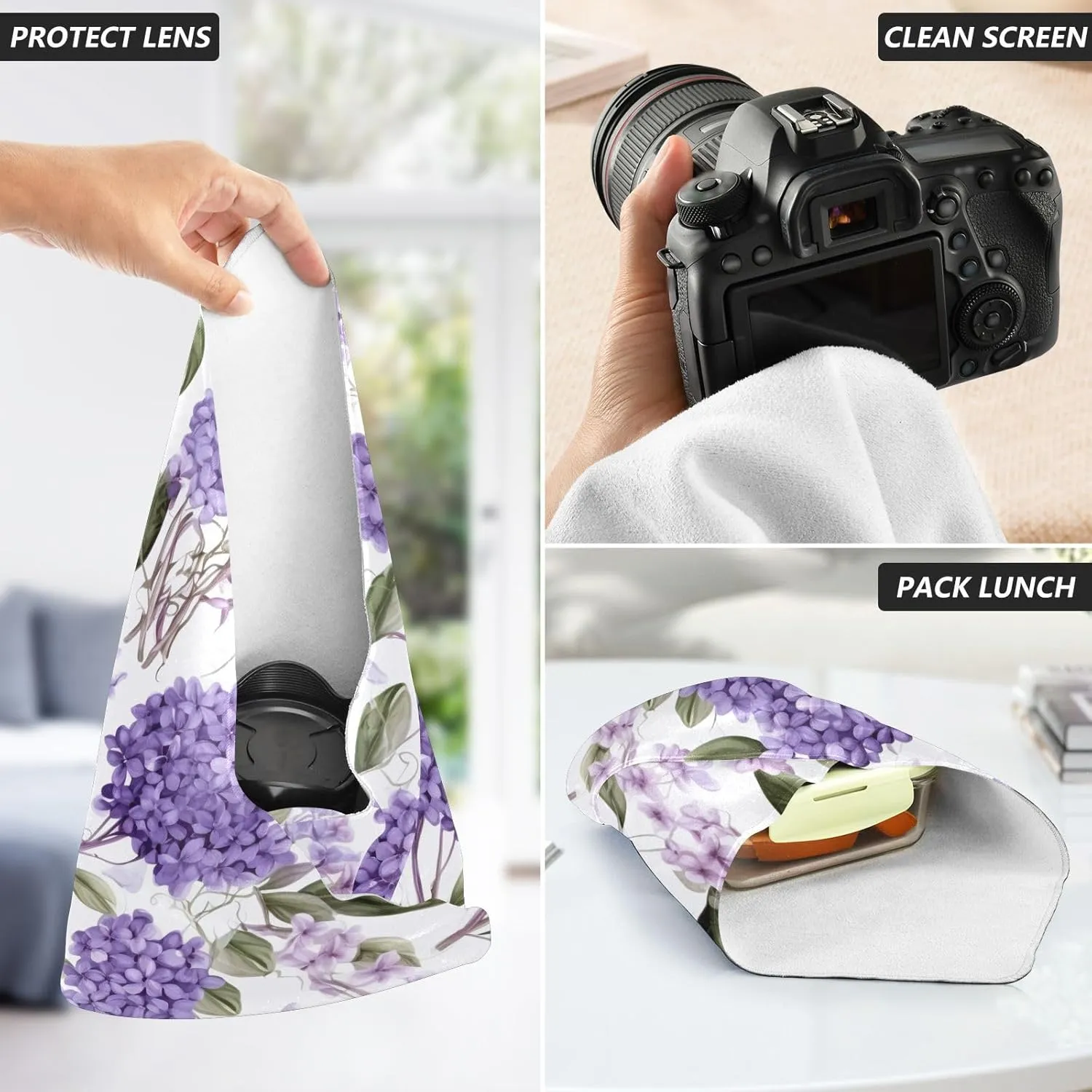 ODAWA Self-adhesive Magic Cloth 17.7 In, Floral Lilacs Purple Changeable Capacity Cosmetic Bag for Camera Lens