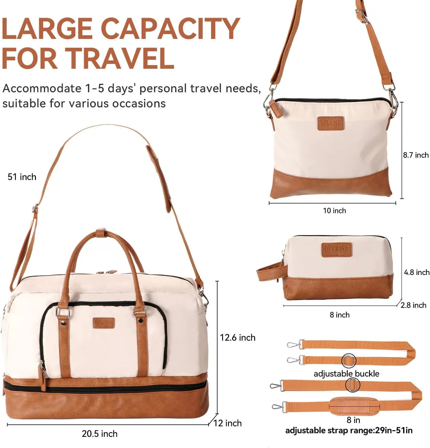 Oflamn Weekender Bag for Women Canvas Overnight Bag Large Travel Duffle Bag with Shoe Compartment 3Pcs Set