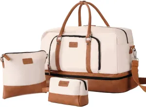 Oflamn Weekender Bag for Women Canvas Overnight Bag Large Travel Duffle Bag with Shoe Compartment 3Pcs Set