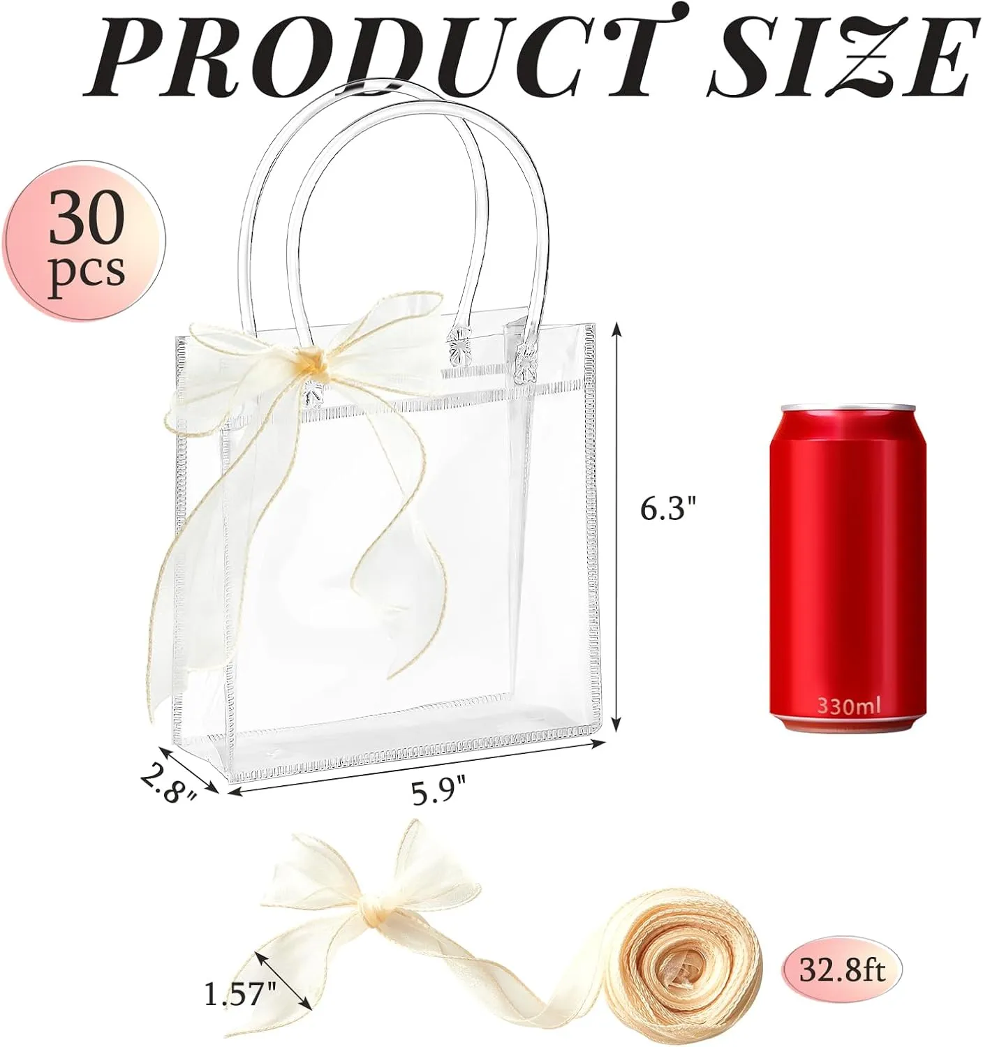 Ohuimrt 30 PCS Clear Plastic Gift Bags with Handles, Reusable Party Favor Bags with Ribbon Transparent Gift Wrap Bags Bulk for Weddings Birthdays, 5.9 x 6.3 x 2.8 Inches